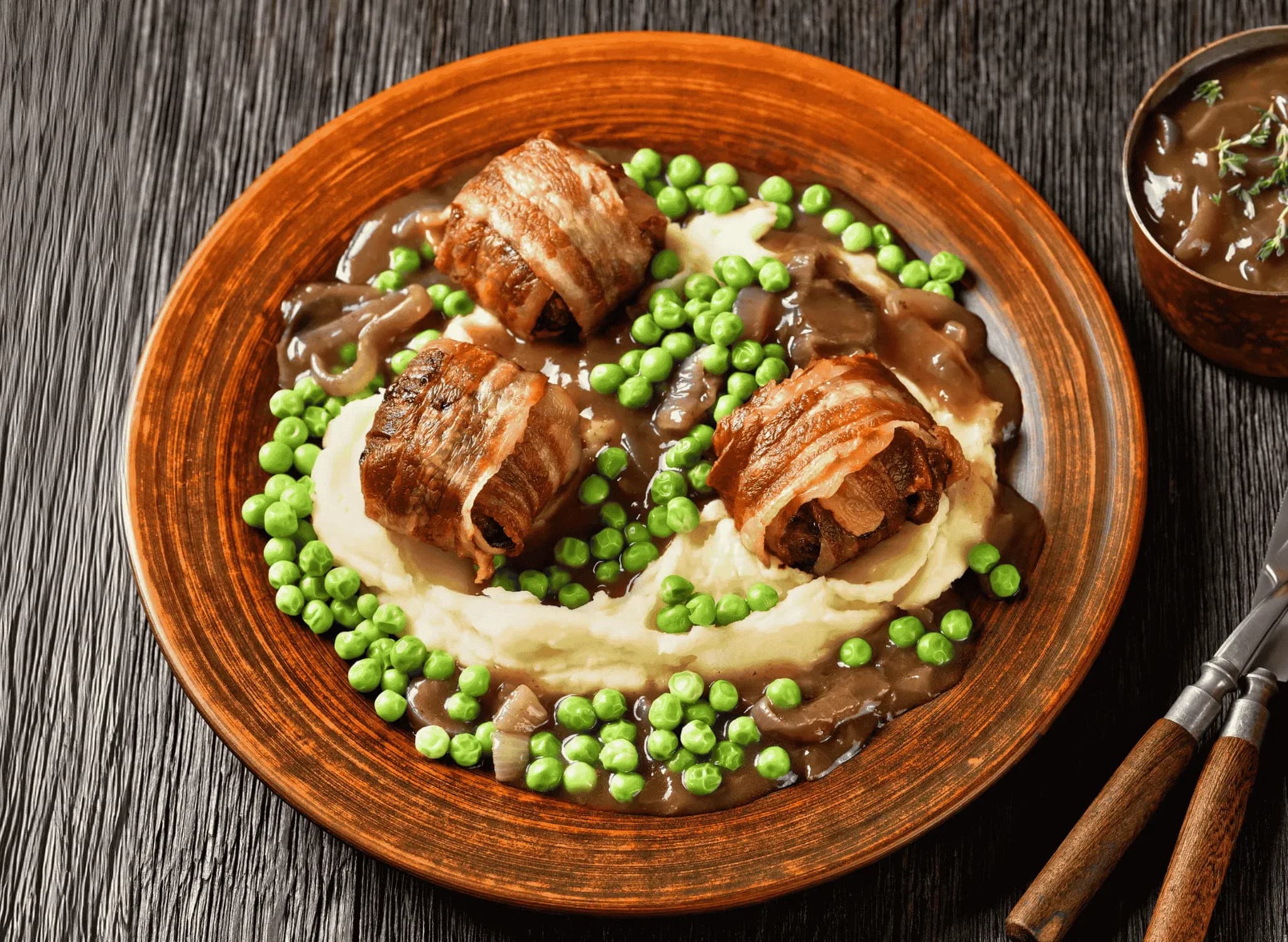 A hearty plate of mash, peas and onion gravy